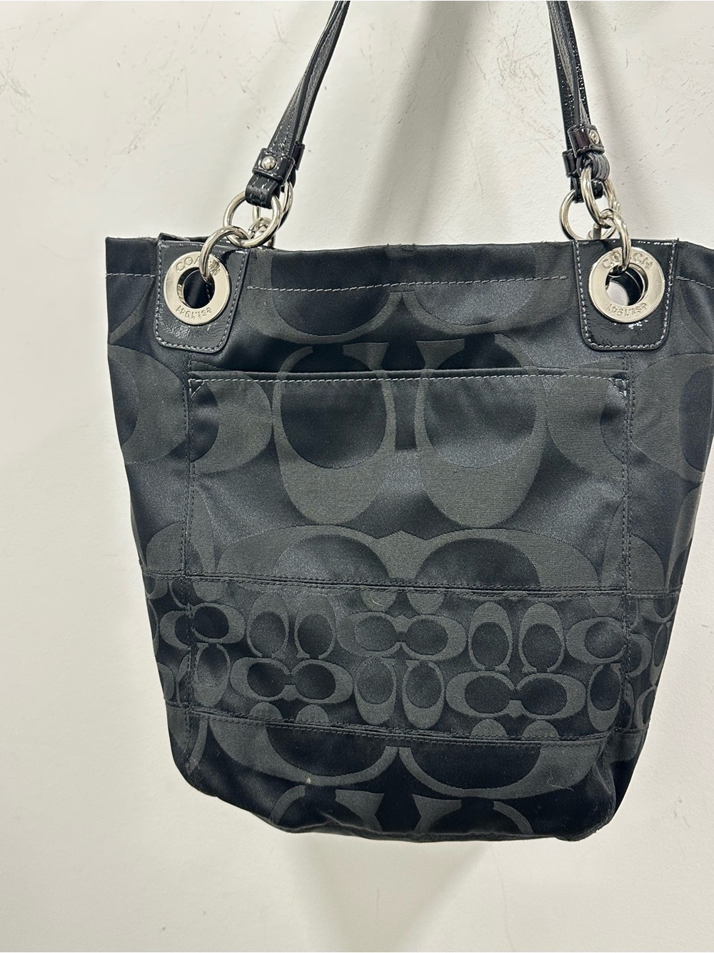 Coach Black Signature Jacquard Tote Bag Silver Hardware Leather Trim - Picture 3 of 10